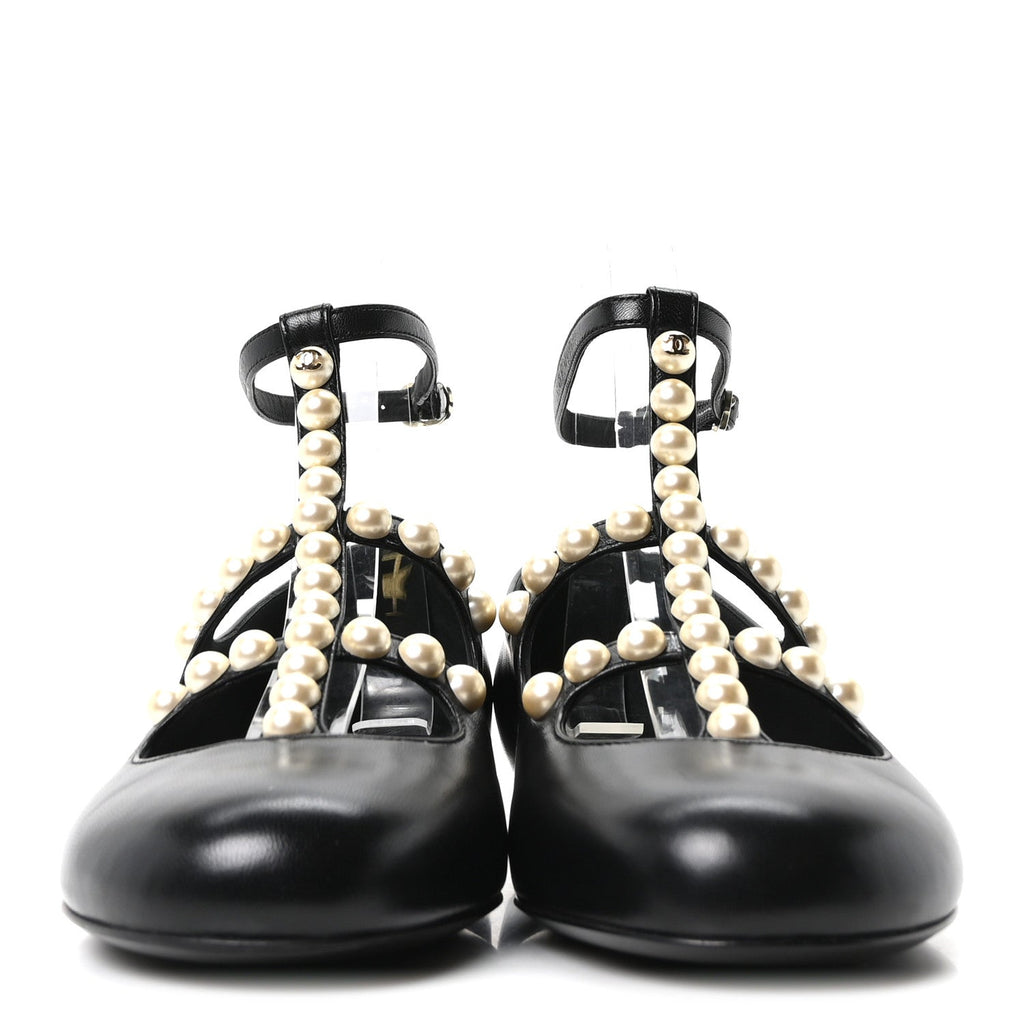 GOATSKIN PEARL MARY JANES FLATS BLACK