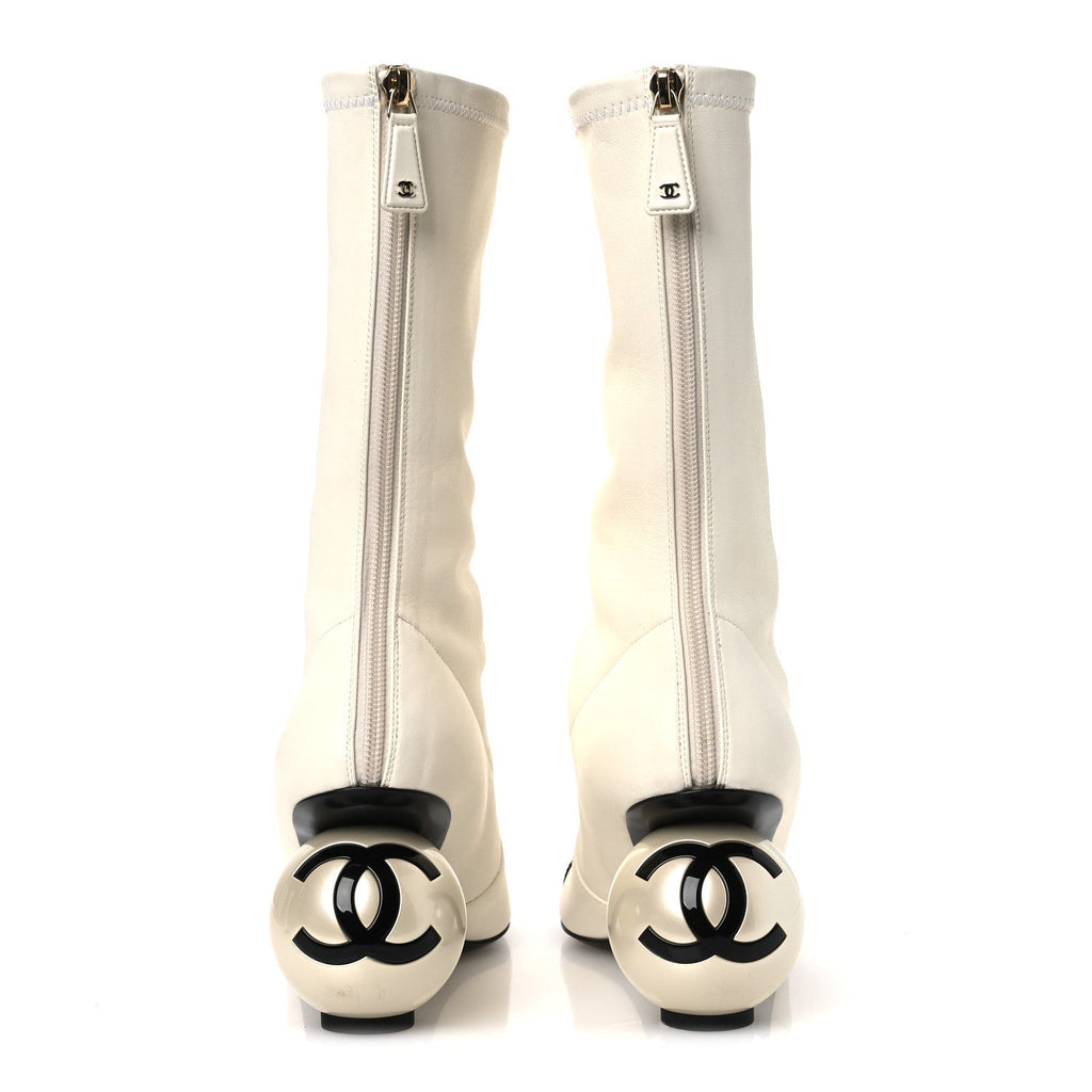 STRETCH LAMBSKIN PATENT CAP TOE PEARL BALL MID CALF BOOTS WHITE BLACK