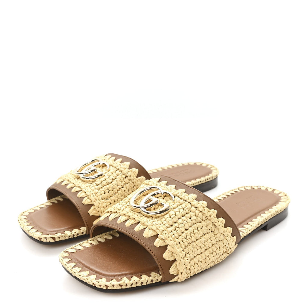RAFFIA INTERLOCKING G FLAT SLIDE SANDALS BRIGHT NATURAL SUNDIAL