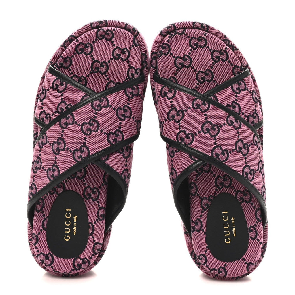 MONOGRAM MULTICOLOR CRISS CROSS PLATFORM SLIDE SANDALS PINK BLUE