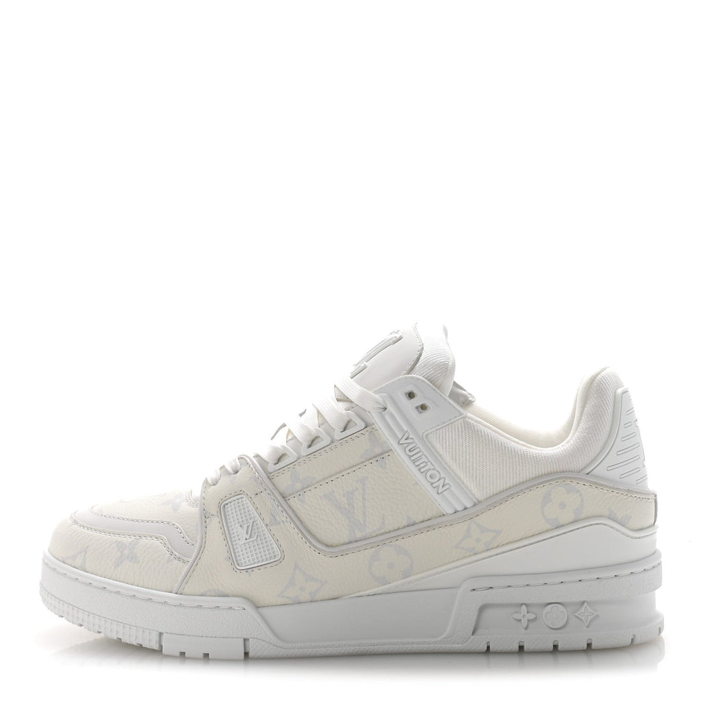 LOUIS VUITTON CALFSKIN EMBOSSED MONOGRAM DENIM LV TRAINER SNEAKERS LIGHT BLUE & WHITE