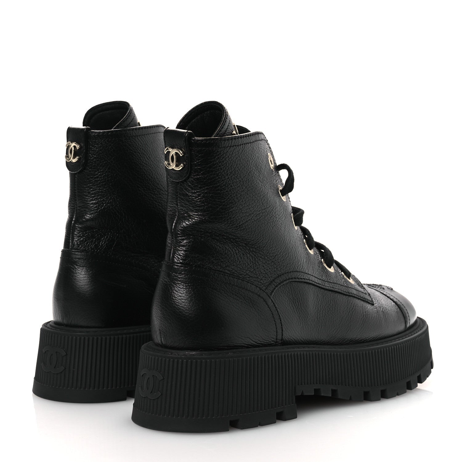 GRAINED CALFSKIN SHINY CALFSKIN CC LACE UP COMBAT BOOTS BLACK