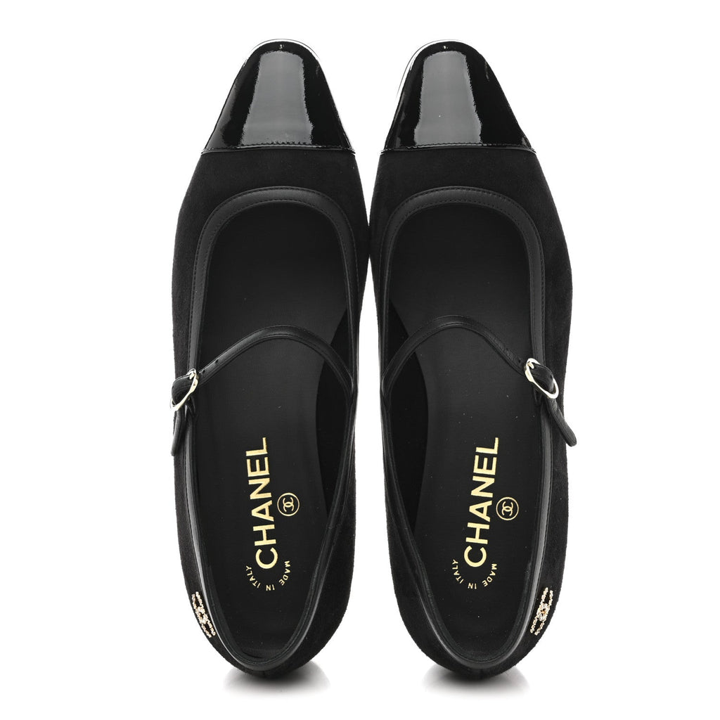 SUEDE KIDSKIN LAMBSKIN PATENT CALFSKIN CAP TOE CC MARY JANE FLATS BLACK