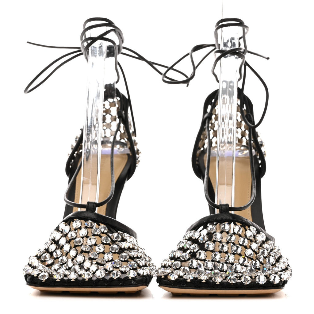 MESH NAPPA CRYSTAL EMBELLISHED SPARKLE STRETCH ANKLE TIE SANDALS BLACK