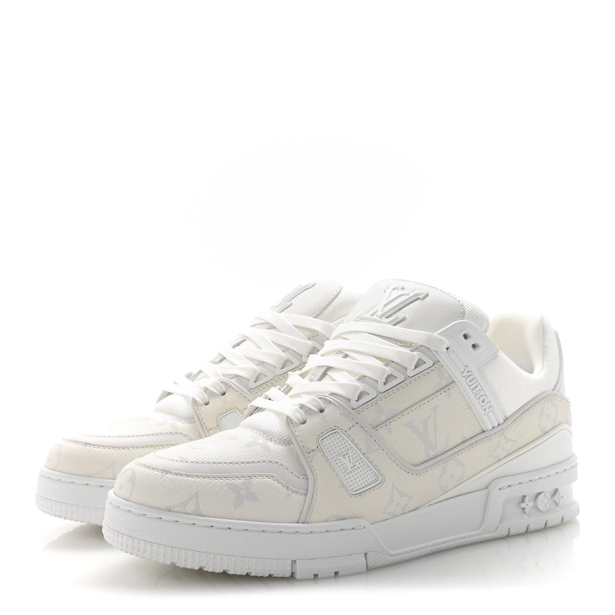 LOUIS VUITTON CALFSKIN EMBOSSED MONOGRAM DENIM LV TRAINER SNEAKERS LIGHT BLUE & WHITE