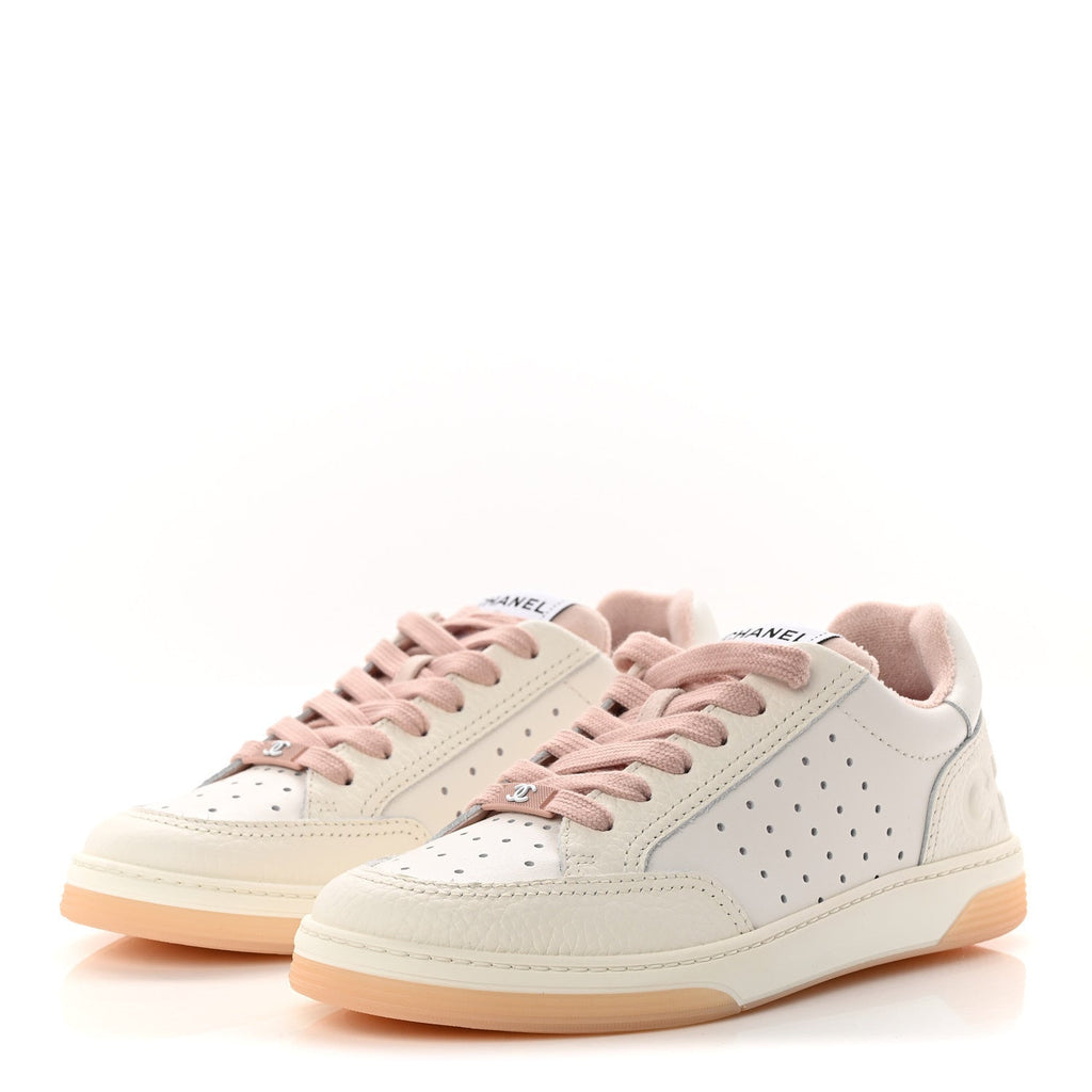 GRAINED CALFSKIN FABRIC WOMENS LOGO SNEAKERS WHITE LIGHT PINK