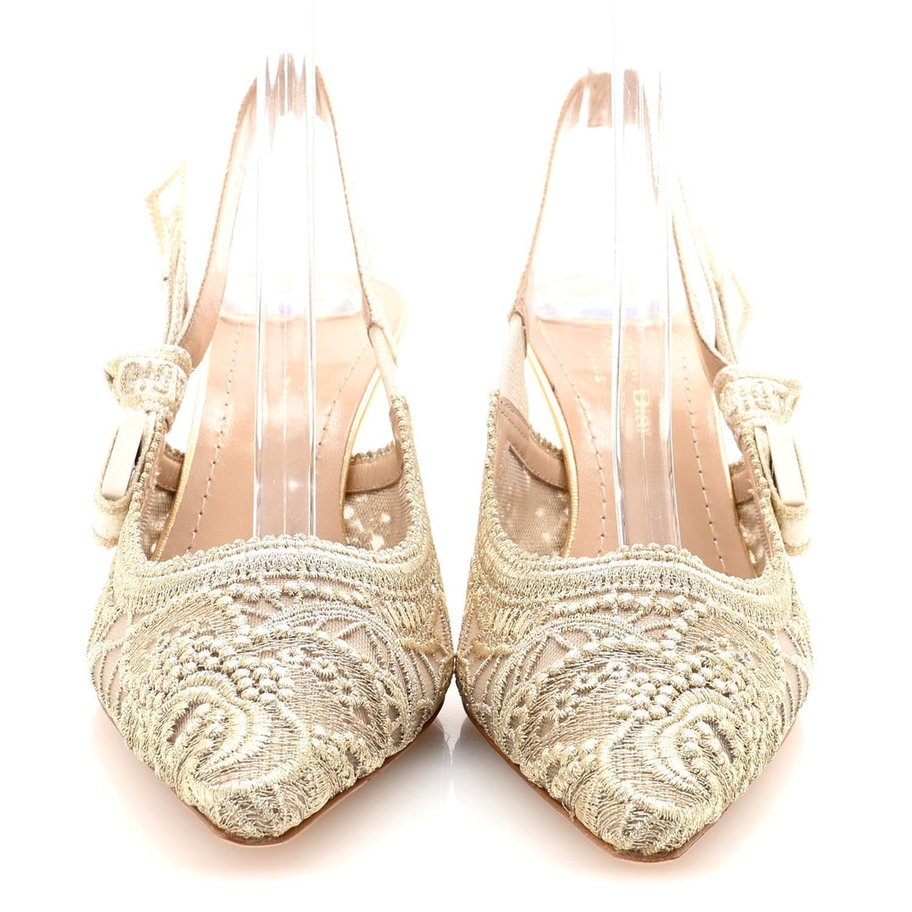 TRANSPARENT METALLIC EMBROIDERED MESH MACRAME CONSTANTINE EMBROIDERED J'ADIOR SLINGBACK 65MM PUMPS PALE GOLD