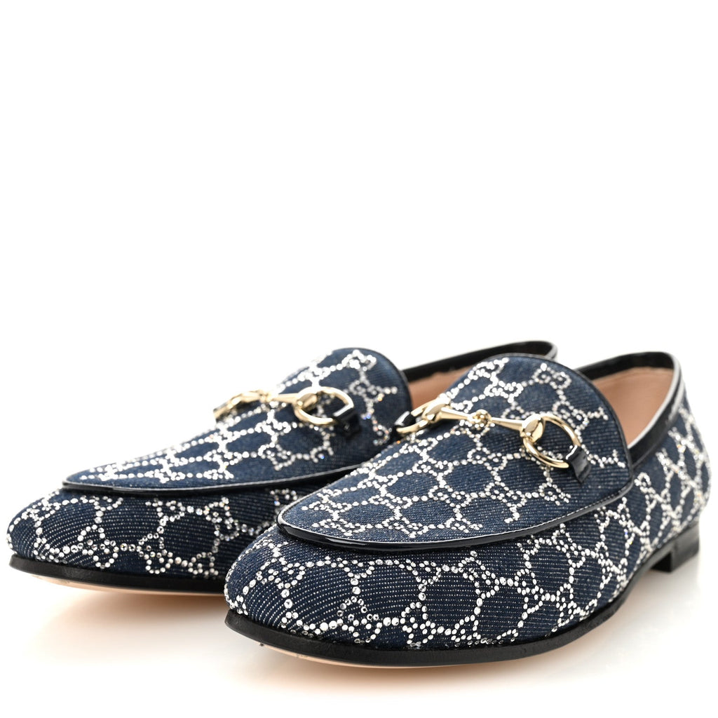 DENIM CRYSTAL GG MONOGRAM HORSEBIT WOMENS JORDAAN LOAFERS DEEP BLUE BLUE MILAD