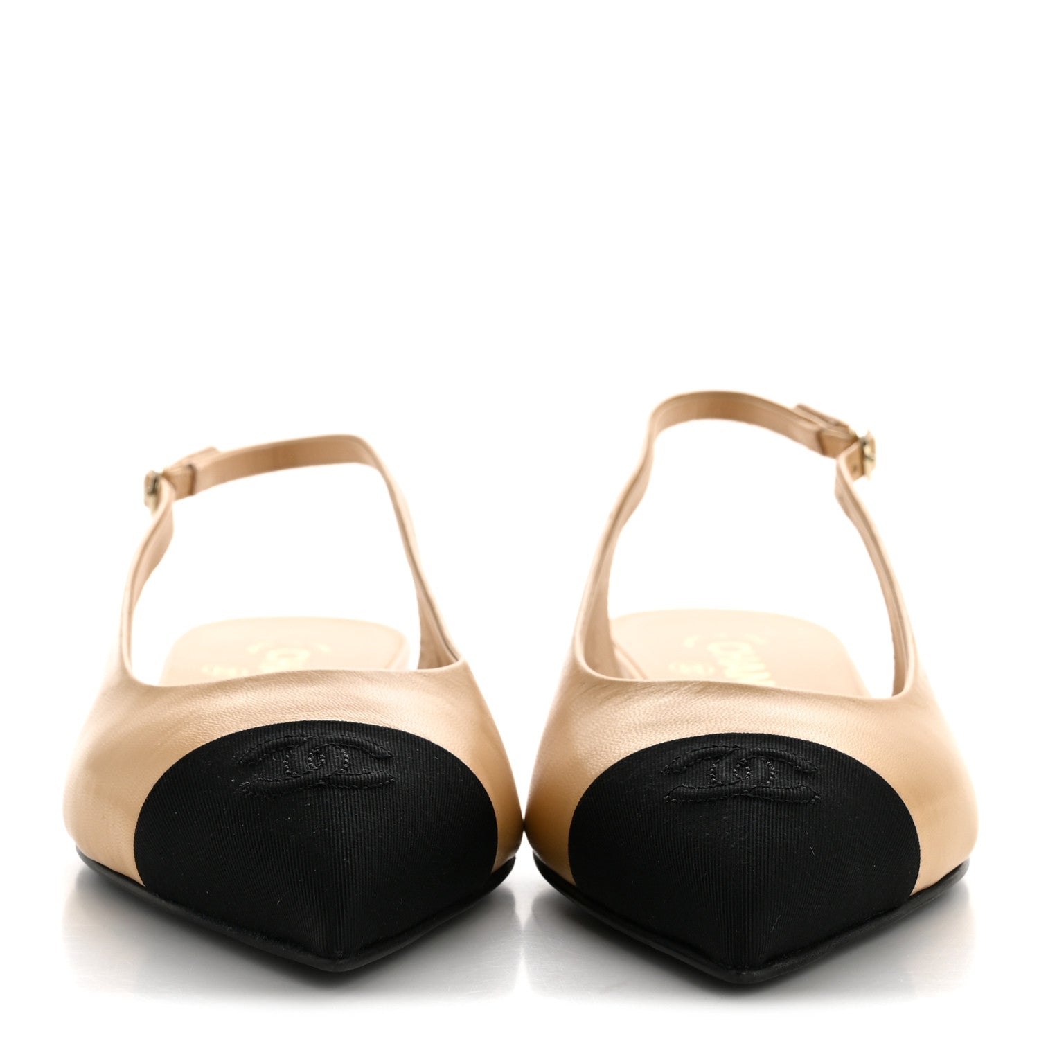 GOATSKIN GROSGRAIN POINTED TOE CC SLINGBACK FLATS BEIGE BLACK