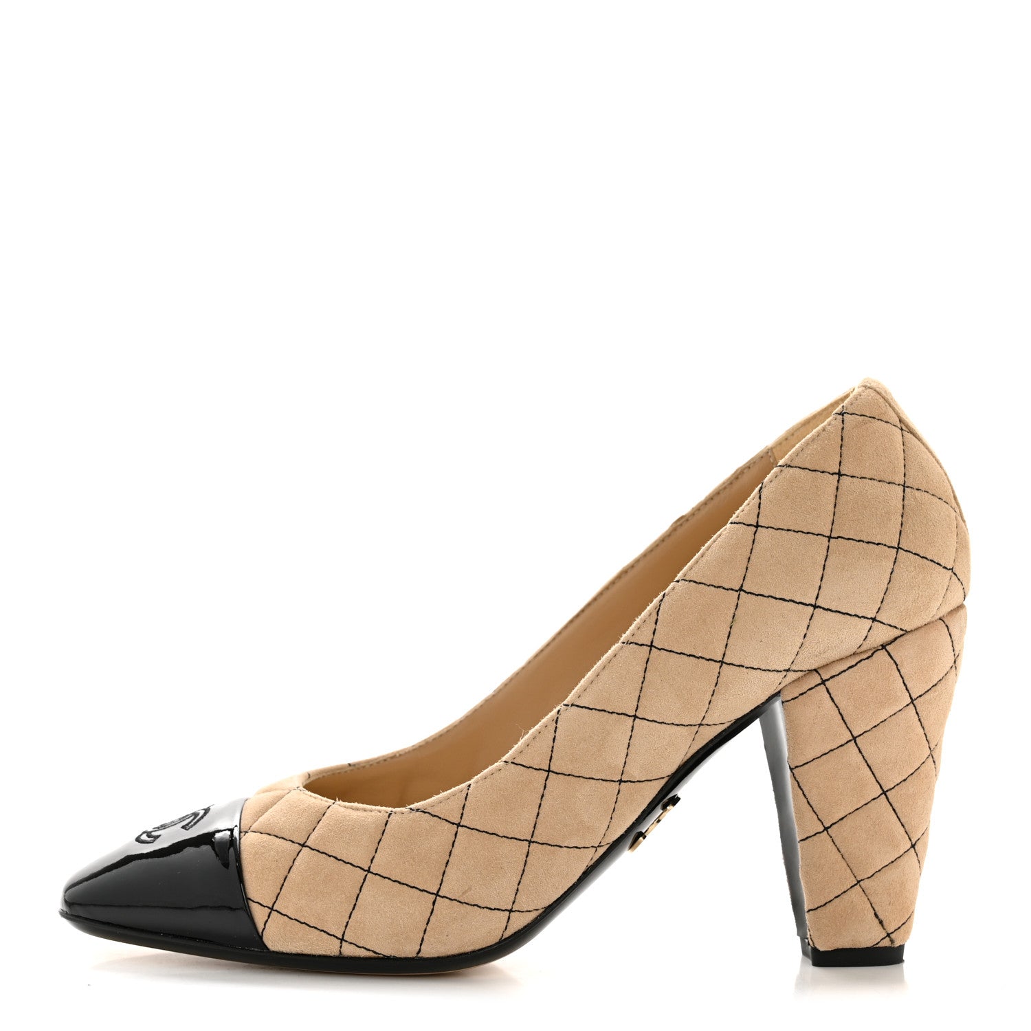 SUEDE KIDSKIN PATENT QUILTED CC CAP TOE PUMPS BEIGE BLACK