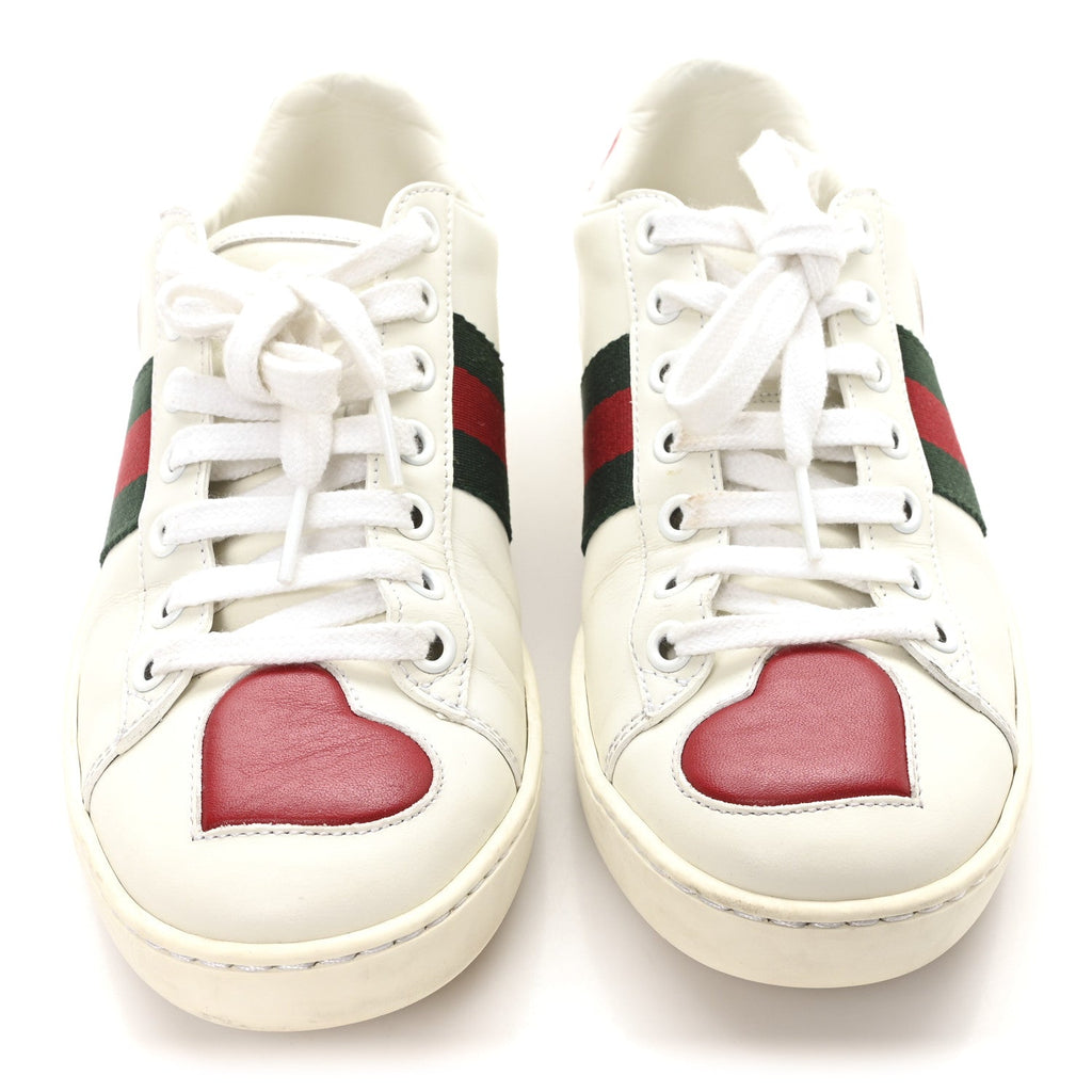CALFSKIN WEB HEART EMBROIDERED WOMENS ACE SNEAKERS WHITE