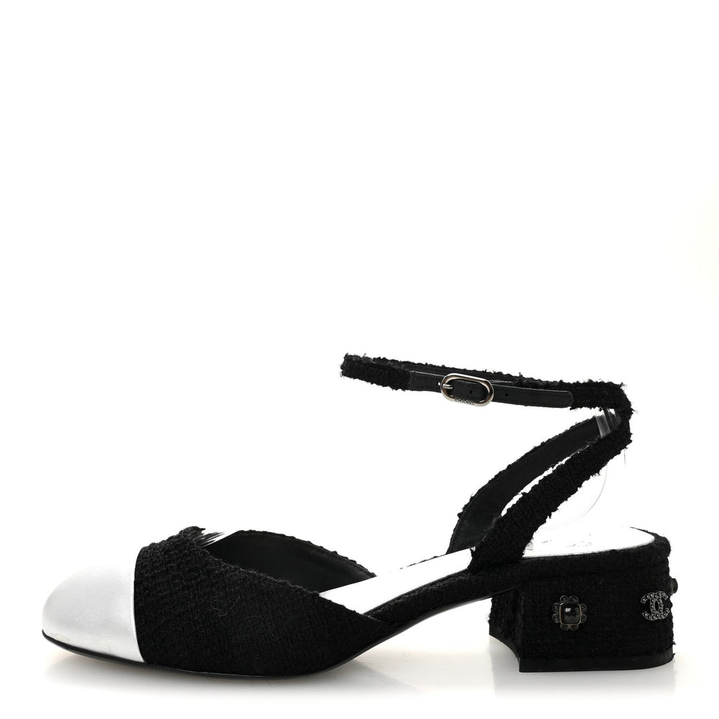 TWEED IRIDESCENT CALFSKIN CAP TOE CC SLINGBACK PUMPS BLACK SILVER