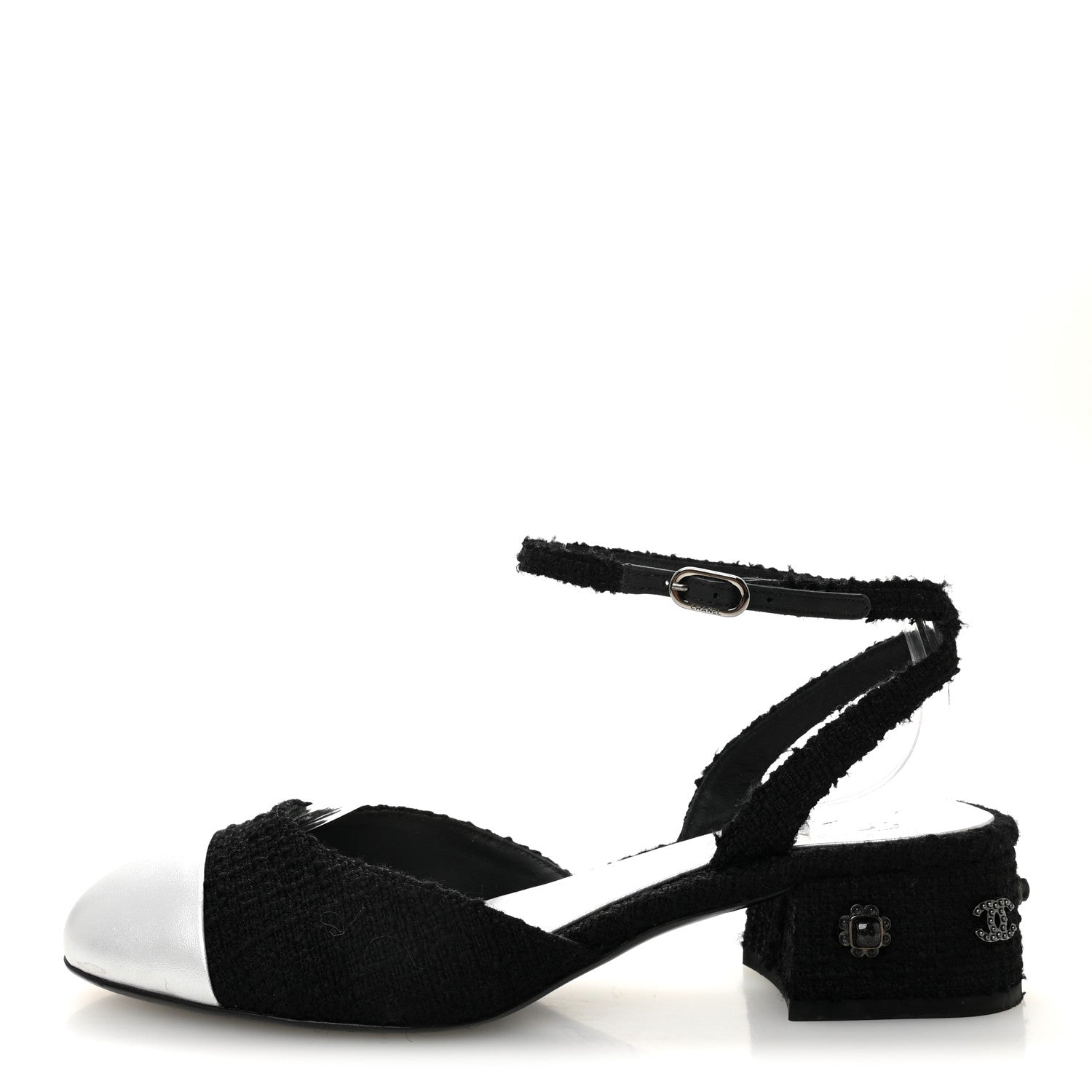 TWEED IRIDESCENT CALFSKIN CAP TOE CC SLINGBACK PUMPS BLACK SILVER