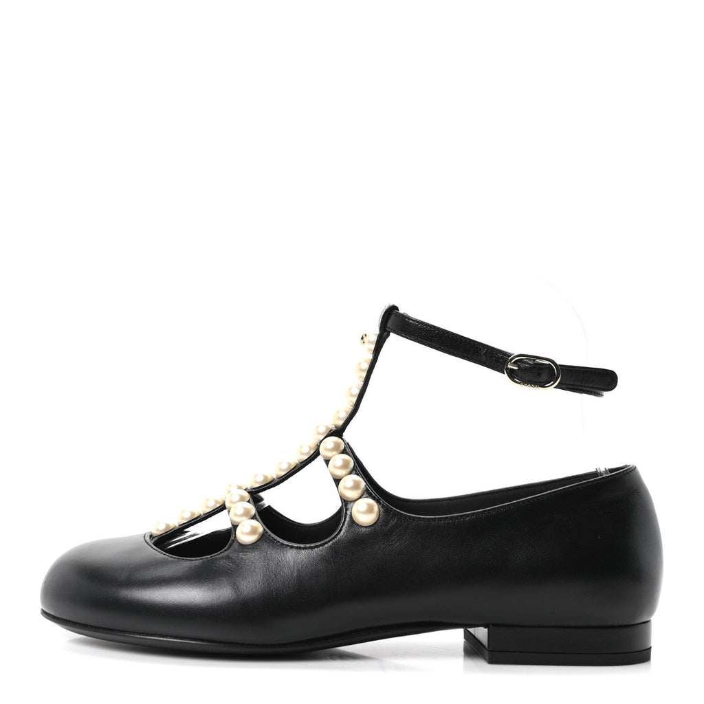 GOATSKIN PEARL MARY JANES FLATS BLACK