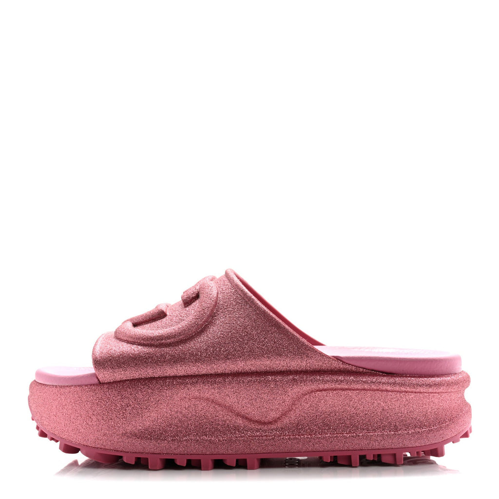 GLITTER RUBBER WOMENS INTERLOCKING G PLATFORM 42MM SLIDE SANDALS ROSE