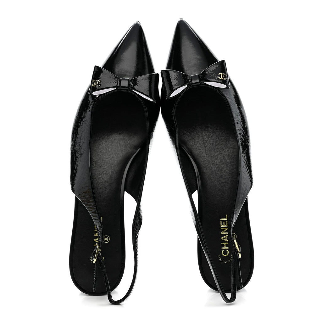 CRUMPLED PATENT CALFSKIN CC BOW SLINGBACK PUMPS BLACK