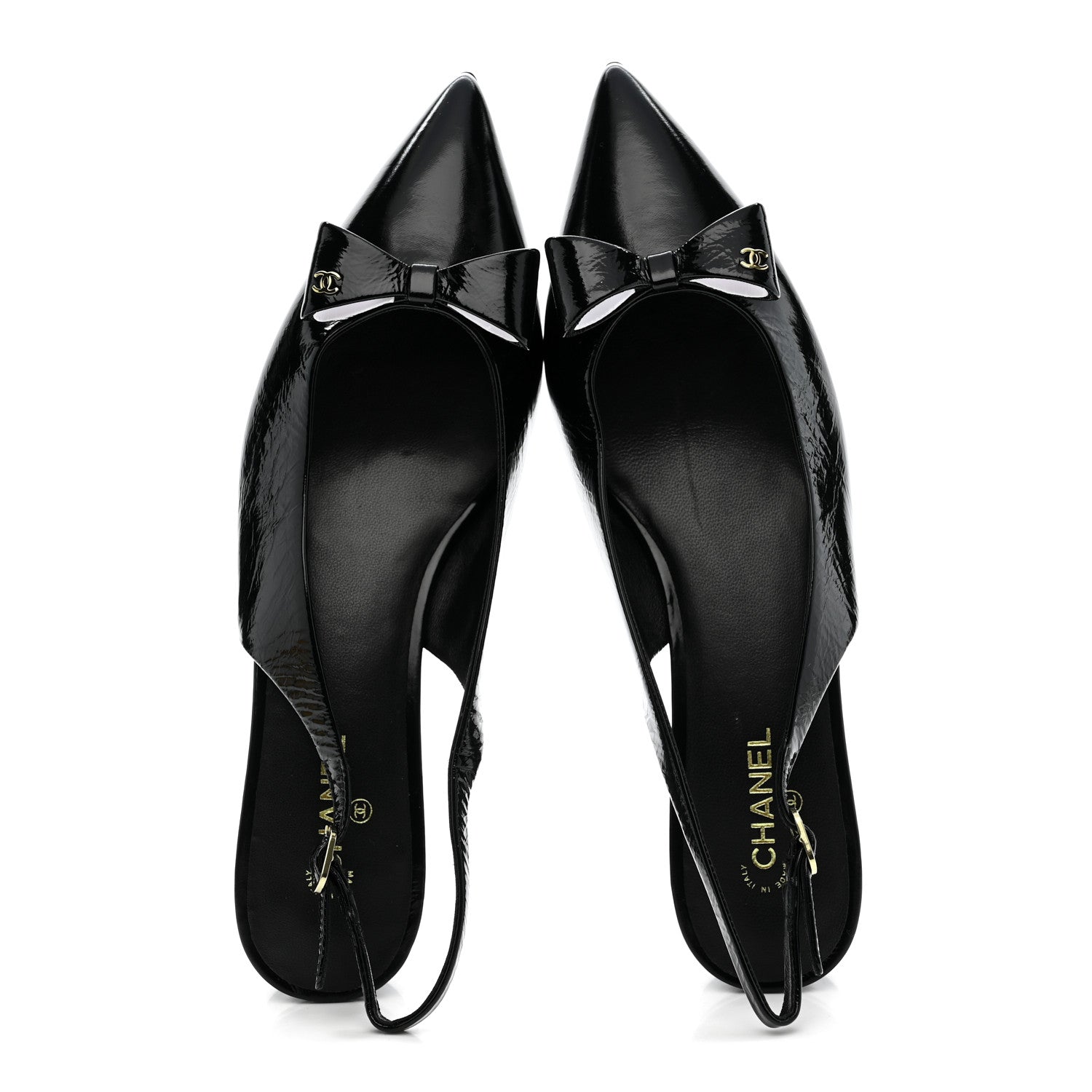 CRUMPLED PATENT CALFSKIN CC BOW SLINGBACK PUMPS BLACK