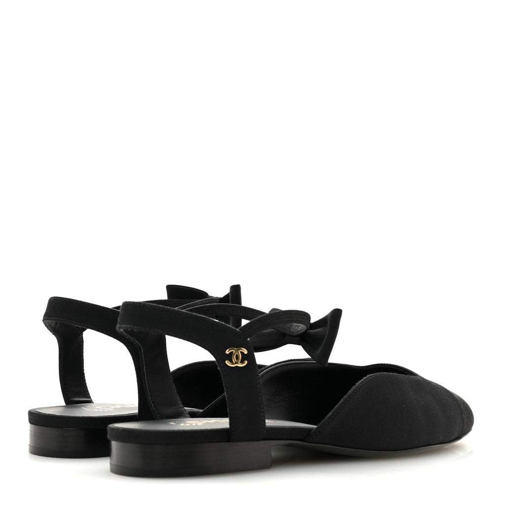 SATIN SLINGBACK CAP TOE BOW FLATS BLACK