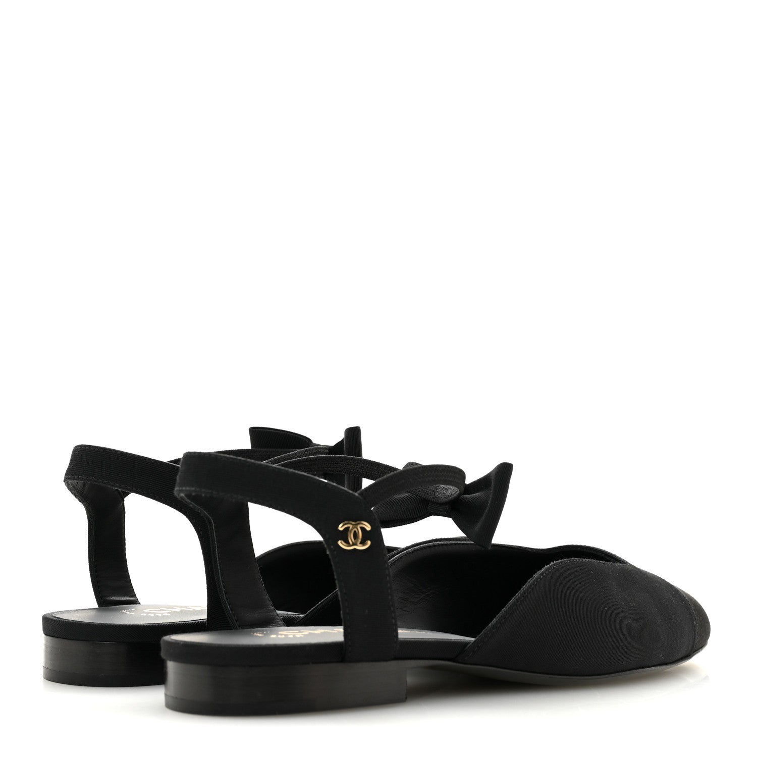 SATIN SLINGBACK CAP TOE BOW FLATS BLACK
