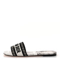 CALFSKIN NEWSPAPER PRINTED EMBROIDERED DWAY FLAT SLIDE SANDALS WHITE
