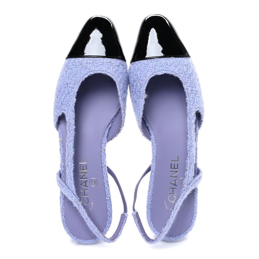 IRIDESCENT WOOL TWEED PATENT CAP TOE CC SLINGBACK FLATS LIGHT PURPLE SILVER BLACK