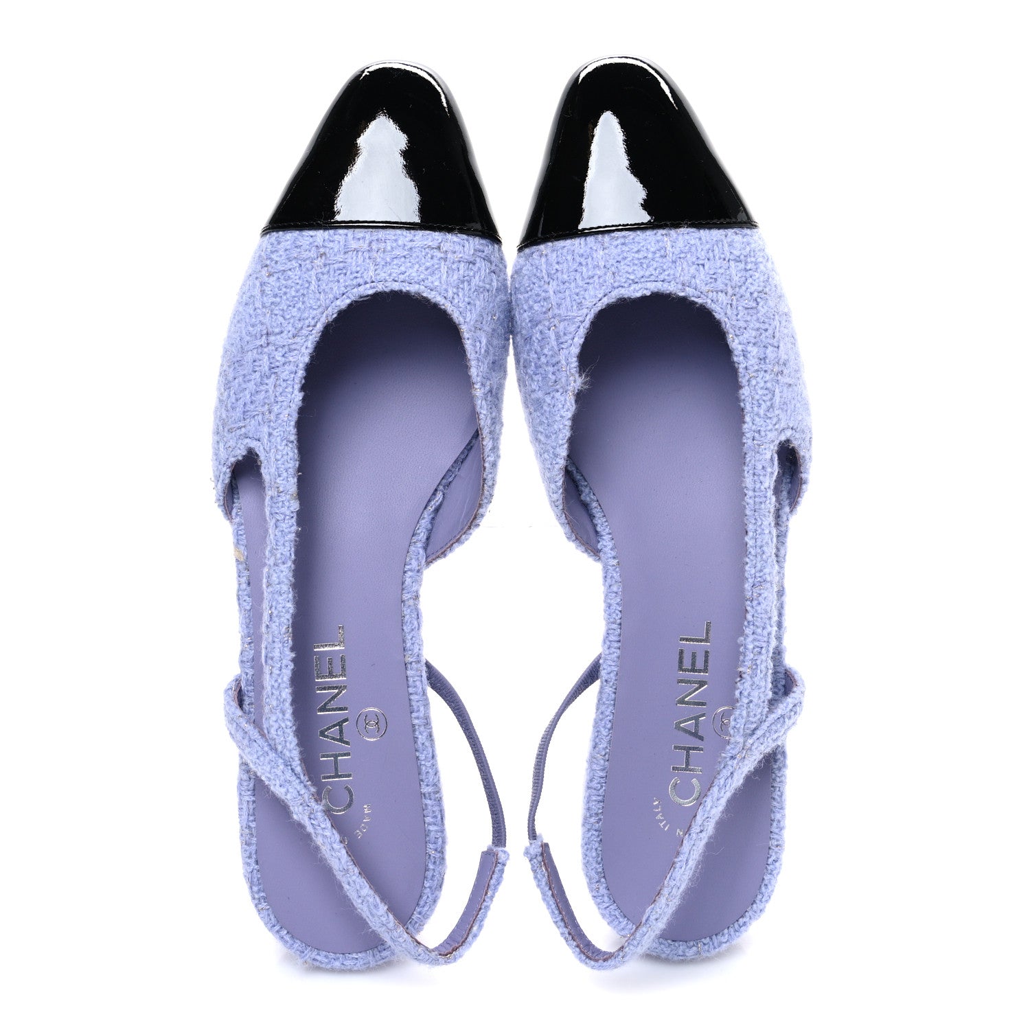 IRIDESCENT WOOL TWEED PATENT CAP TOE CC SLINGBACK FLATS LIGHT PURPLE SILVER BLACK