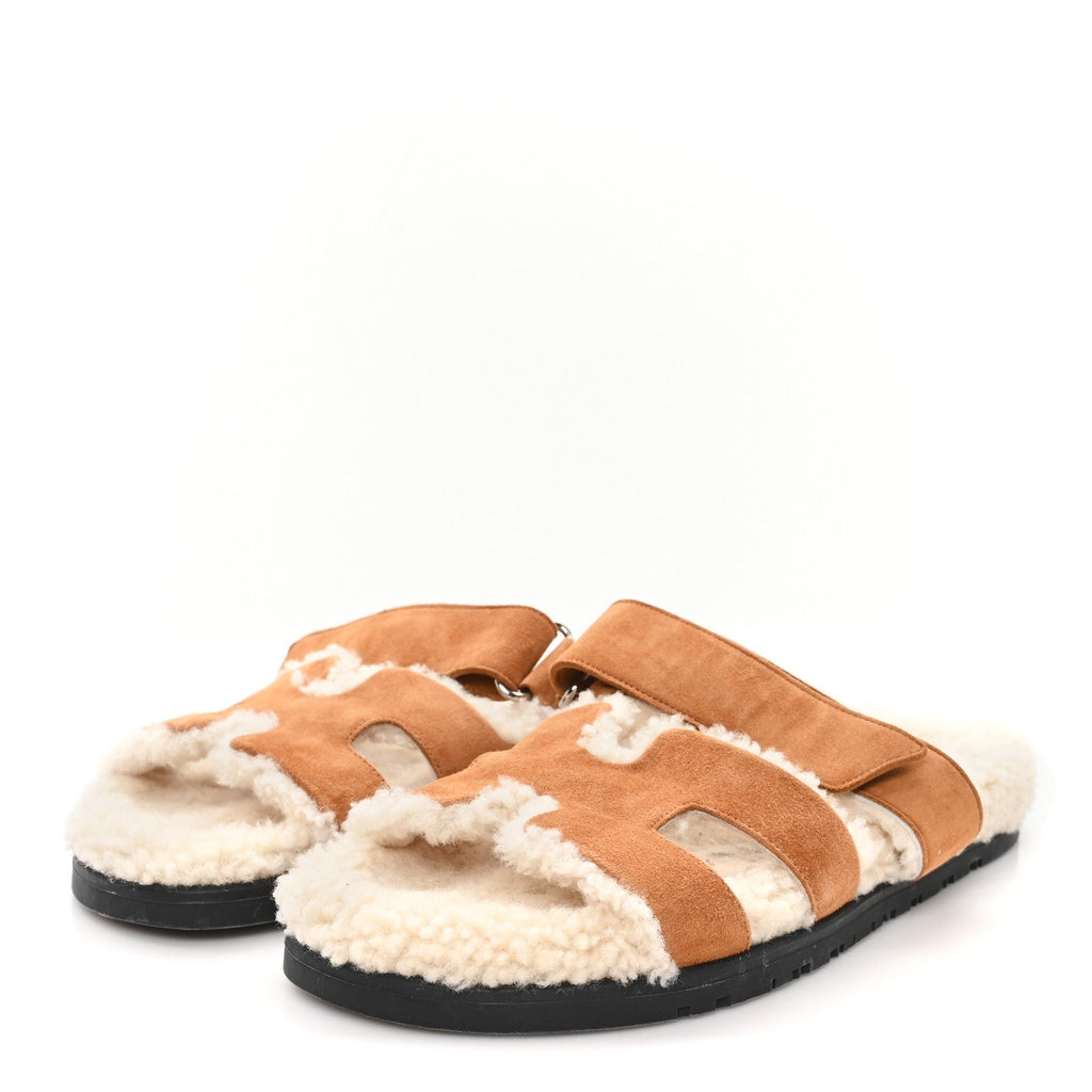 SUEDE GOATSKIN WOOLSKIN WOMENS CHYPRE SANDALS BRUN FUME ECRU