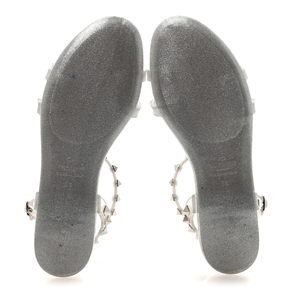 PVC JELLY GLITTER ROCKSTUD CAGED FLAT THONG SANDALS SILVER