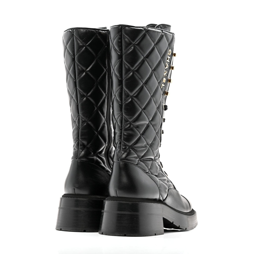 CALFSKIN QUILTED LOGO LACE UP TALL COMBAT BOOTS BLACK
