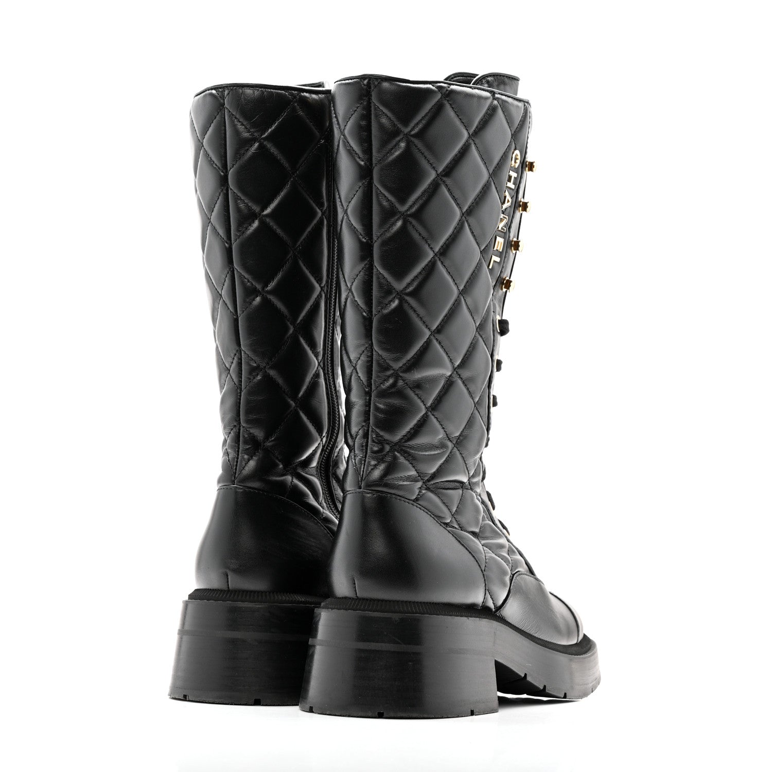 CALFSKIN QUILTED LOGO LACE UP TALL COMBAT BOOTS BLACK
