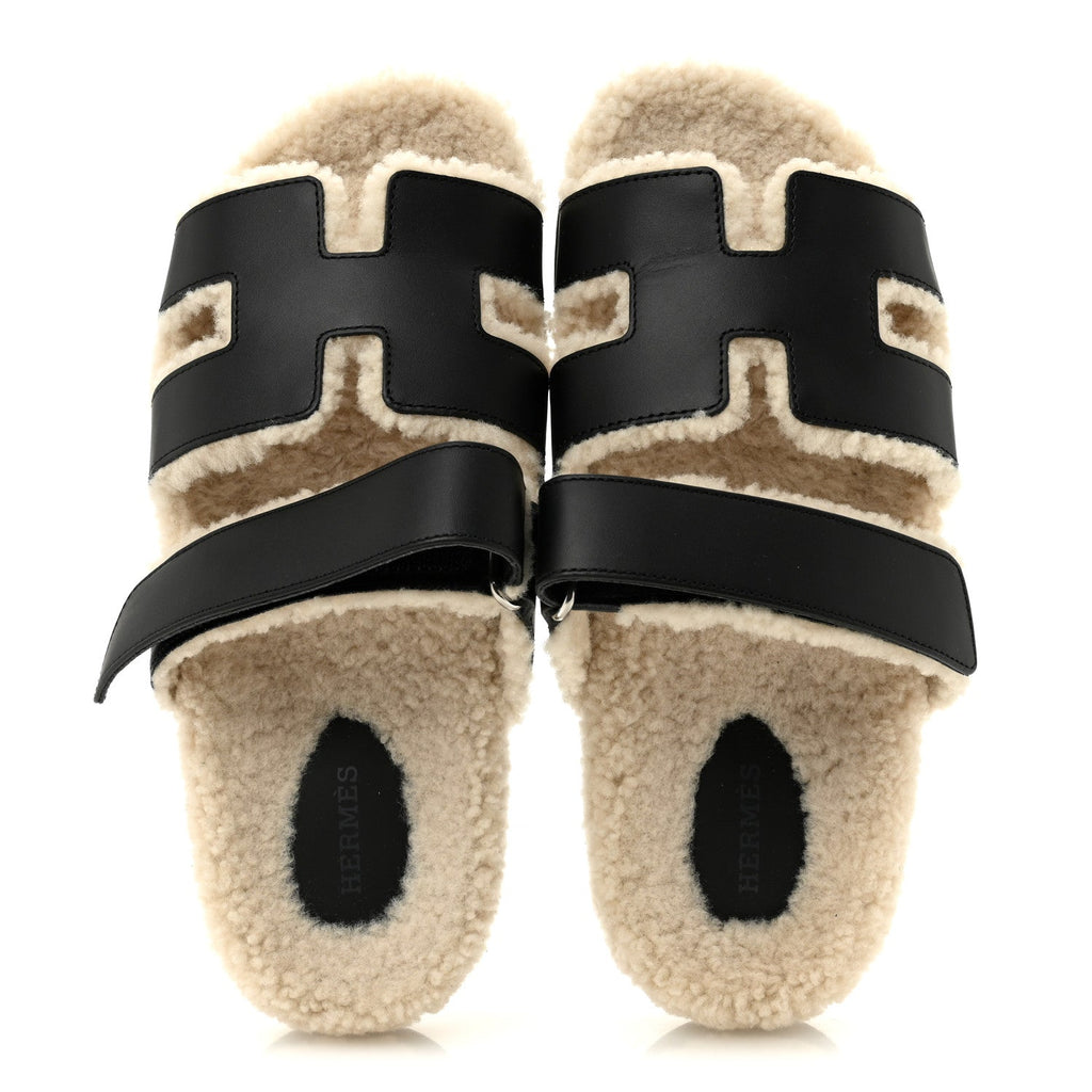 CALFSKIN WOOLSKIN WOMENS CHYPRE SANDALS BLACK ECRU