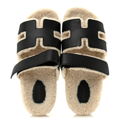 CALFSKIN WOOLSKIN WOMENS CHYPRE SANDALS BLACK ECRU