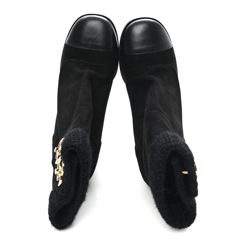 SUEDE LAMBSKIN KNIT CC SHORT BOOTS BLACK