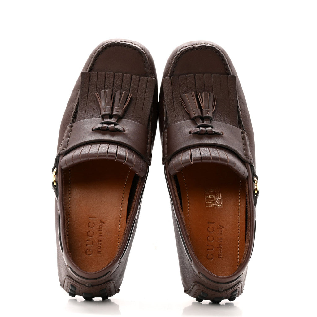 CALFSKIN FRINGE INTERLOCKING G MENS DRIVER LOAFERS BROWN