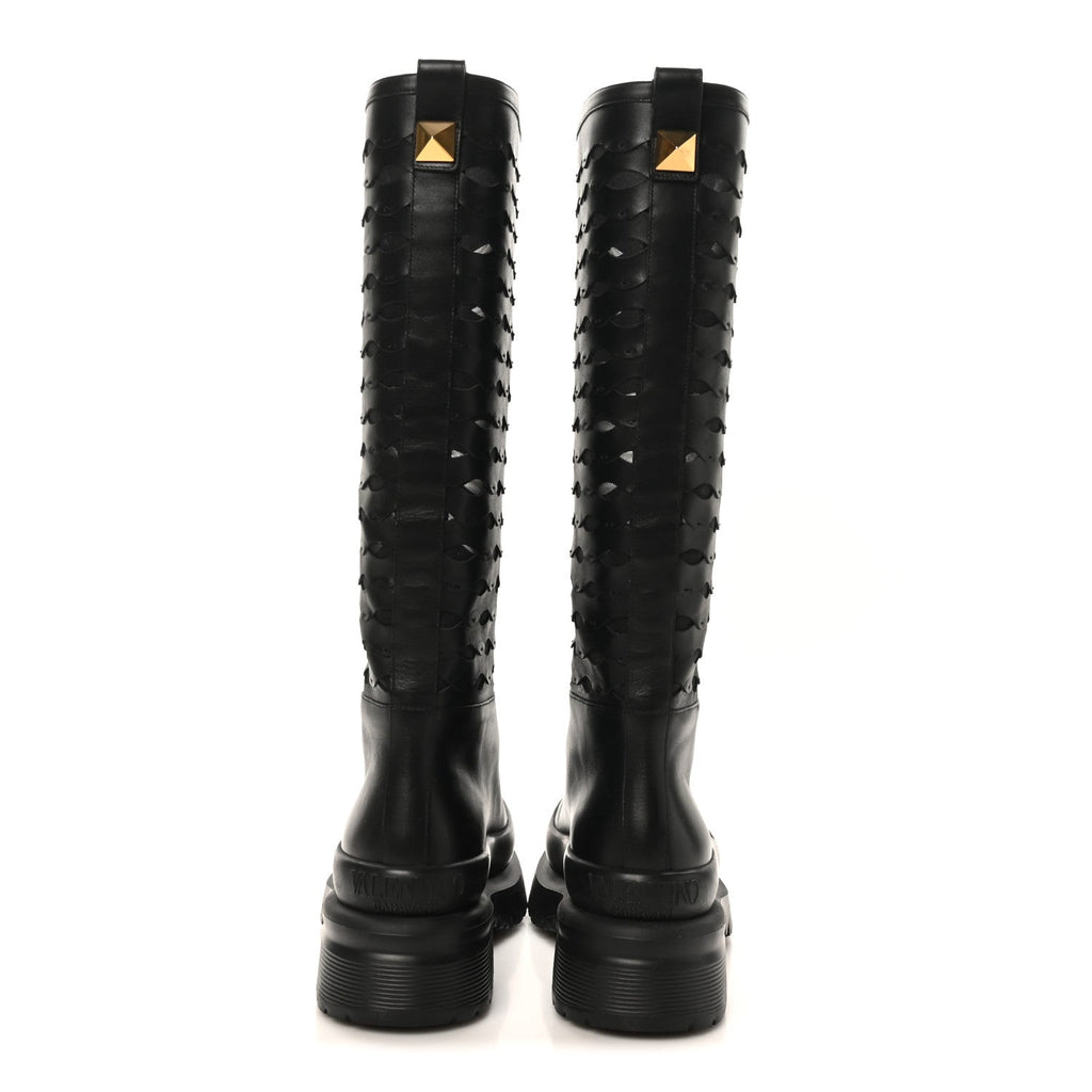 CALFSKIN MESH ROMAN STUD LASER CUT KNEE HIGH BOOTS BLACK