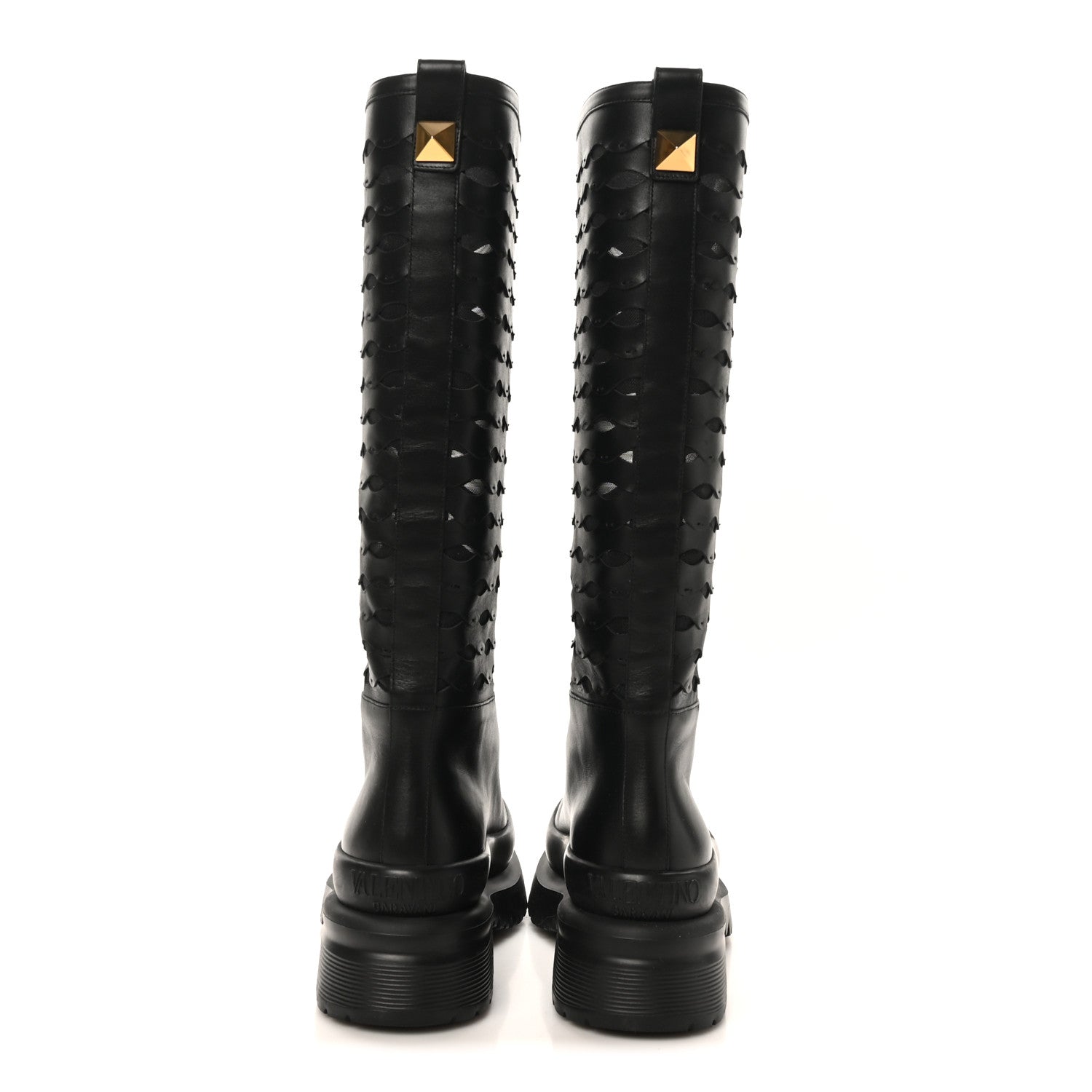 CALFSKIN MESH ROMAN STUD LASER CUT KNEE HIGH BOOTS BLACK