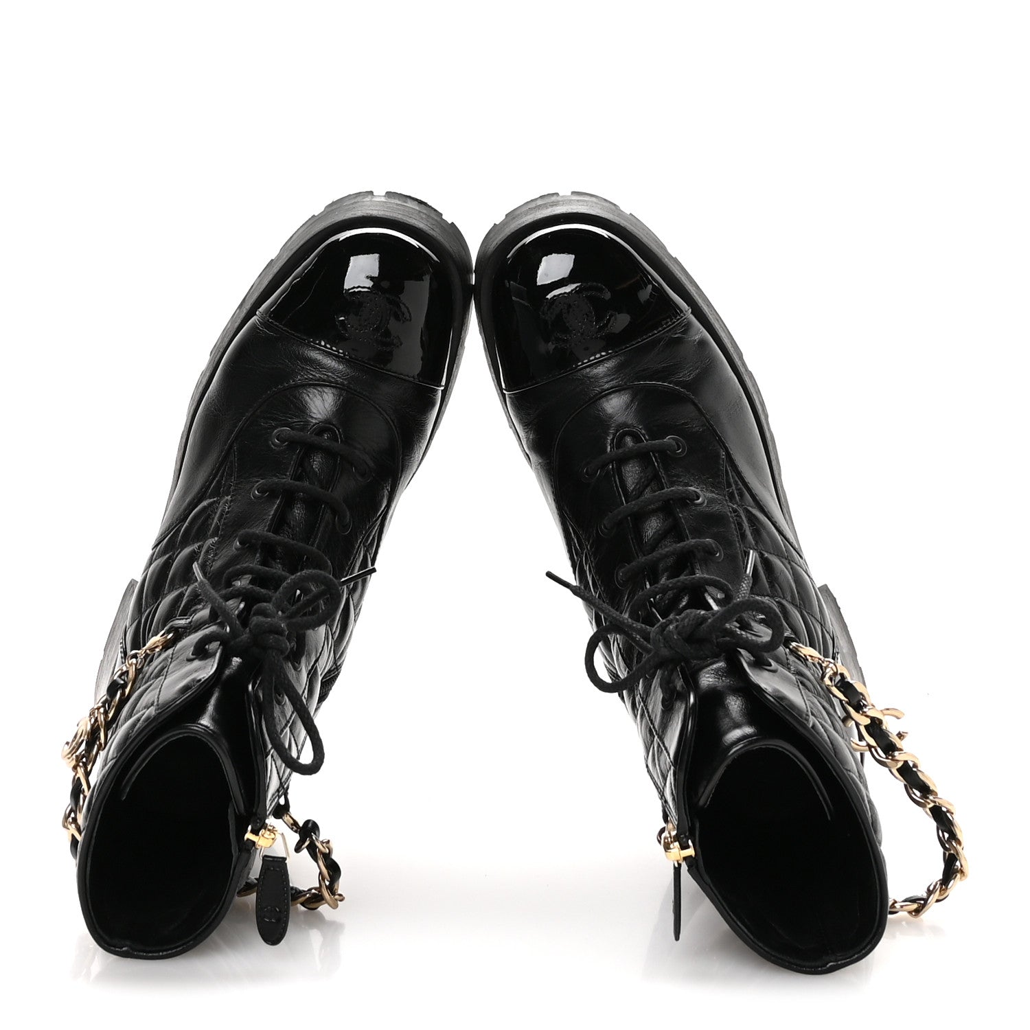 SHINY CALFSKIN PATENT QUILTED CHAIN LACE UP COMBAT BOOTS BLACK