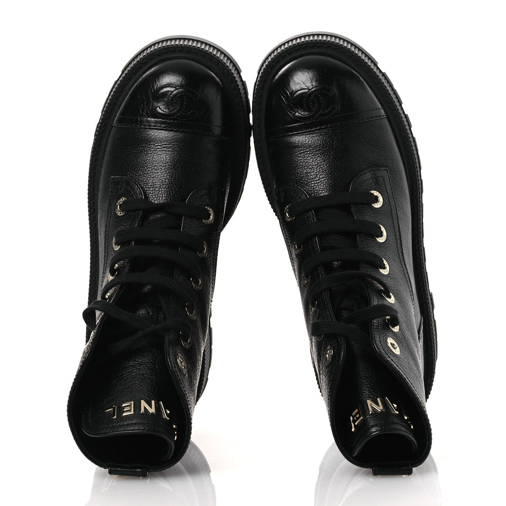 GRAINED CALFSKIN SHINY CALFSKIN CC LACE UP COMBAT BOOTS BLACK