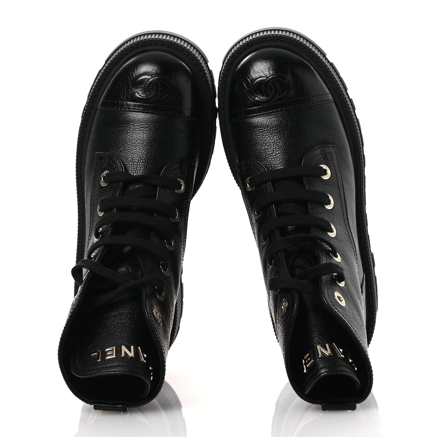 GRAINED CALFSKIN SHINY CALFSKIN CC LACE UP COMBAT BOOTS BLACK