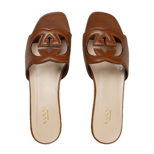 Gucci Jane Embroidered Cotton Flat Slide Sandals - Brown
