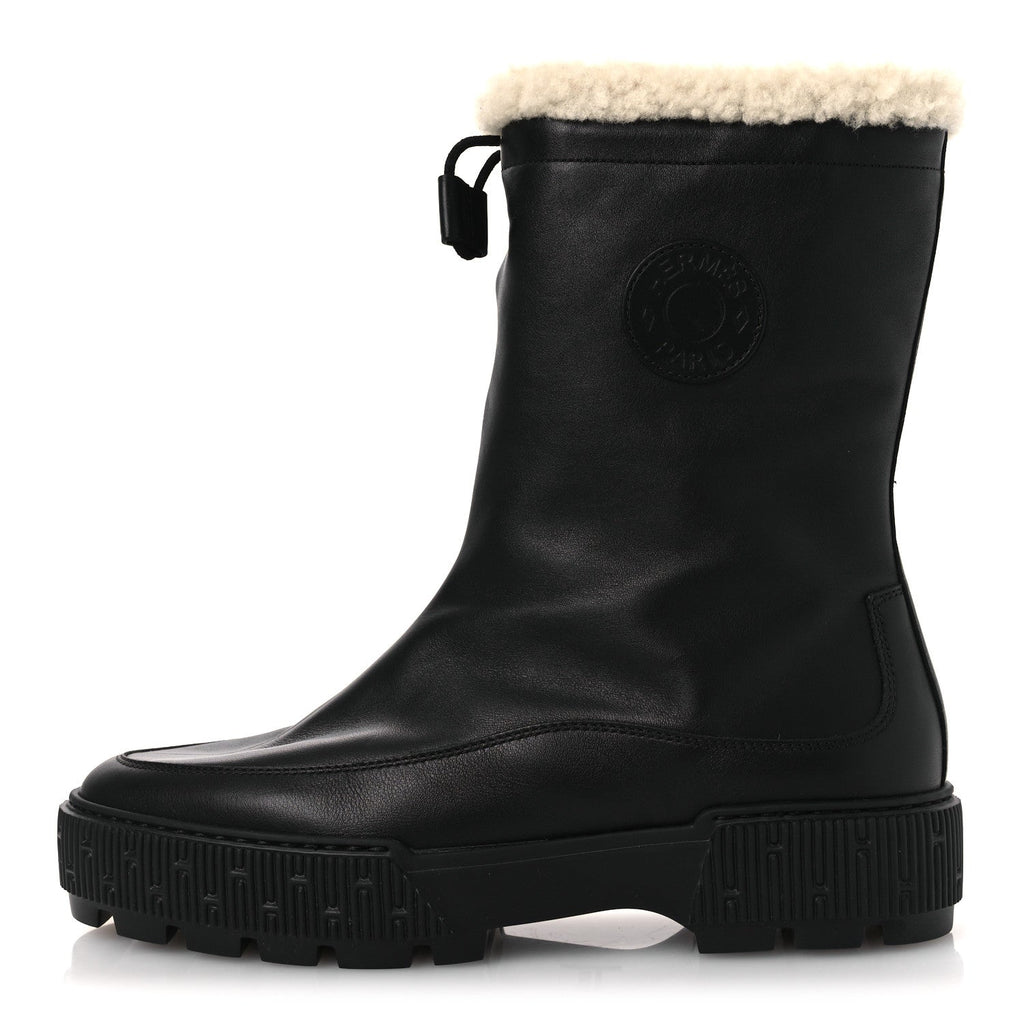 CALFSKIN SHEARLING WOMENS JOURNEY ANKLE BOOTS BLACK ECRU