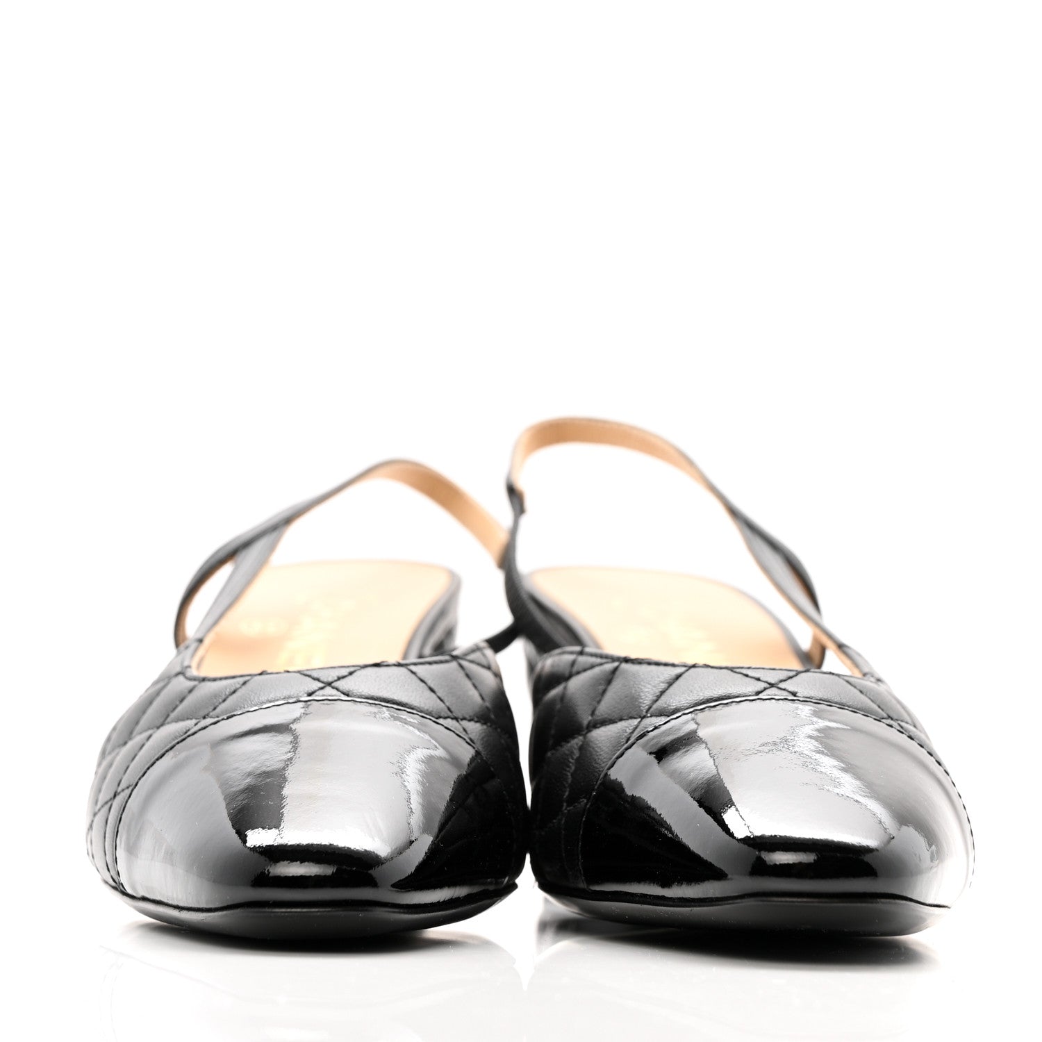 LAMBSKIN PATENT CALFSKIN QUILTED CAP TOE CC SLINGBACK PUMPS BLACK