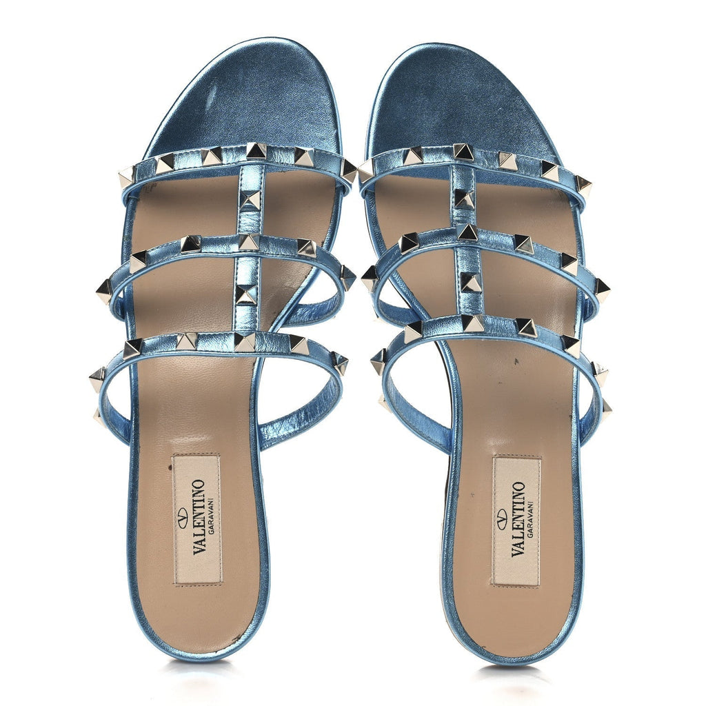 METALLIC NAPPA ROCKSTUD CAGED FLAT SLIDE SANDALS CERULEAN