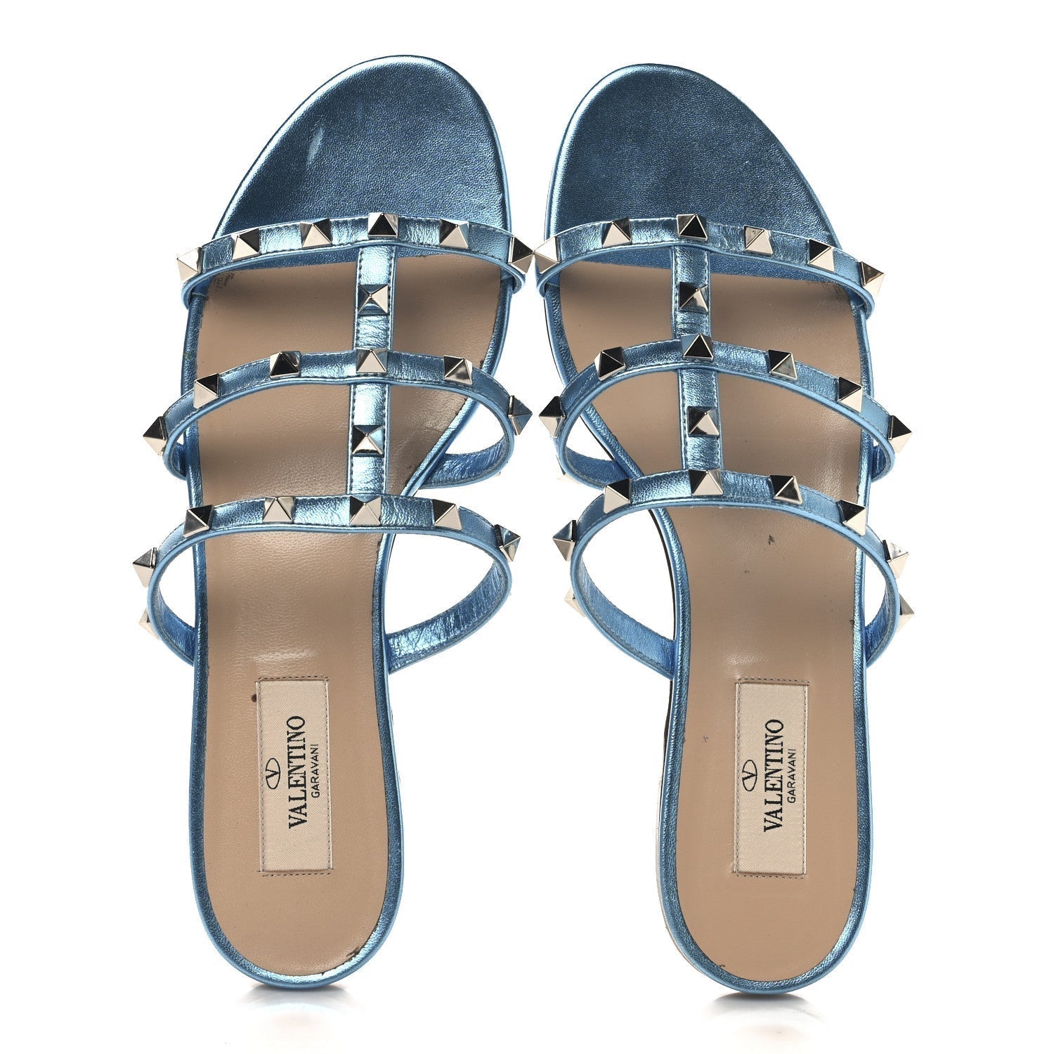 METALLIC NAPPA ROCKSTUD CAGED FLAT SLIDE SANDALS CERULEAN
