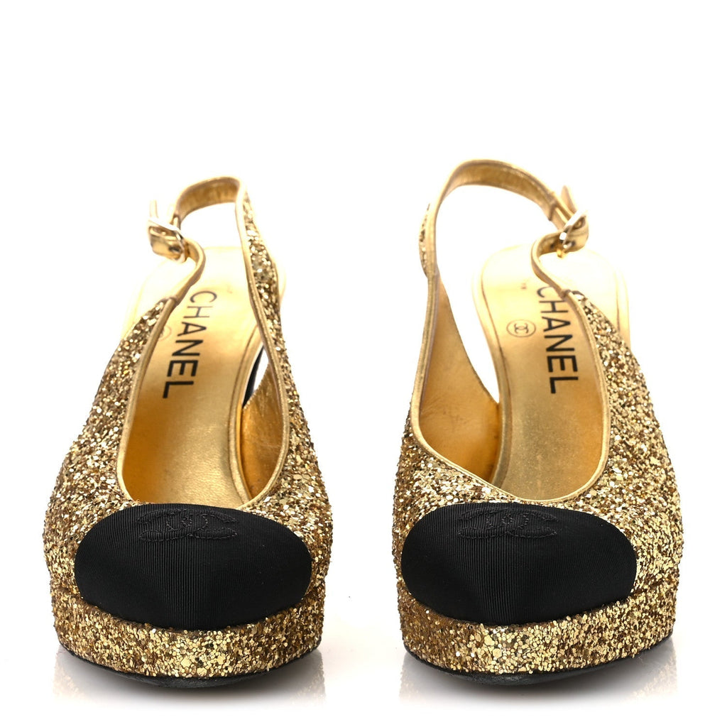 GLITTER GROSGRAIN CAP TOE CC SLINGBACK PUMPS GOLD BLACK