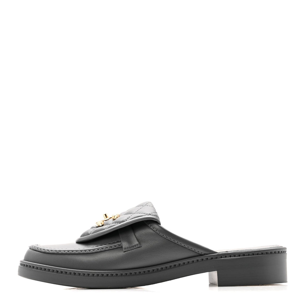 LAMBSKIN QUILTED CC TURNLOCK MULES GREY