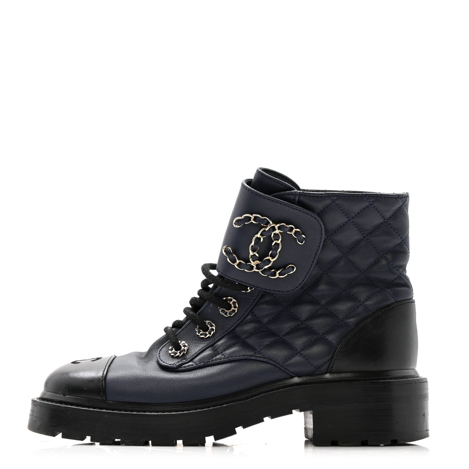 SHINY LAMBSKIN QUILTED LACE UP COMBAT BOOTS NAVY BLACK