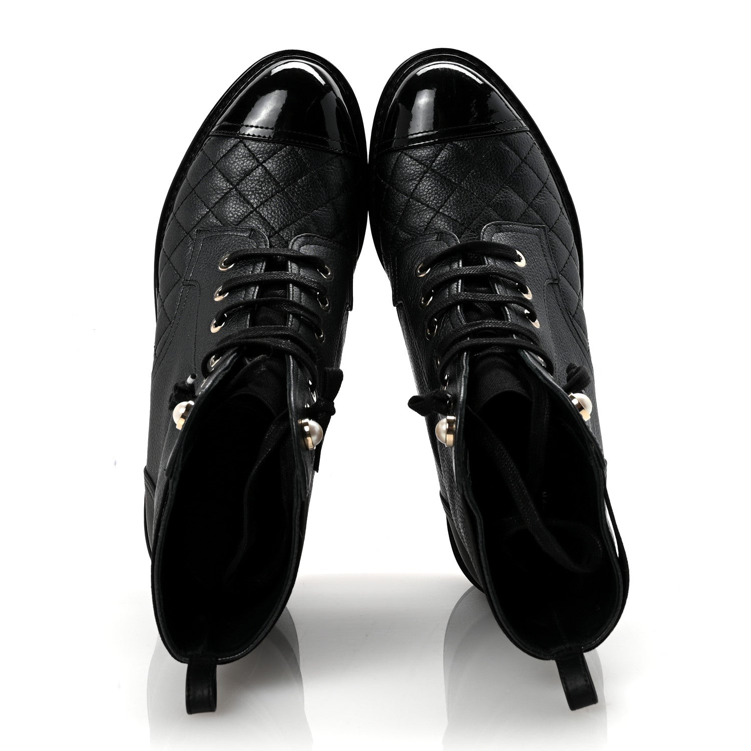 PEARLY CALFSKIN PATENT CALFSKIN LACE UP COMBAT BOOTS BLACK