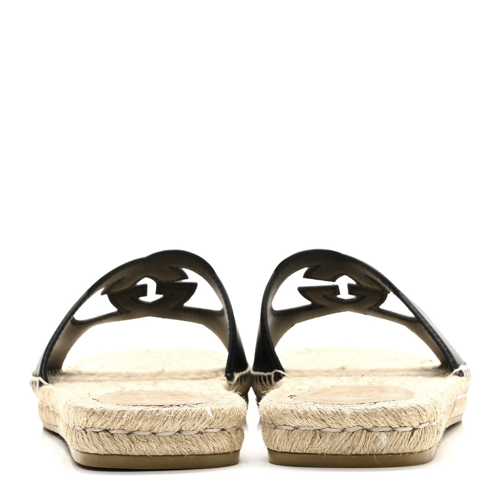 COSMOS SOFTY CALFSKIN ESPADRILLE MENS INTERLOCKING G CUT OUT SLIDE SANDALS BLACK