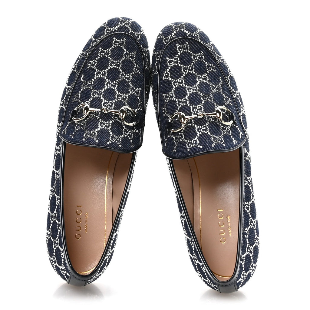 DENIM CRYSTAL GG MONOGRAM HORSEBIT WOMENS JORDAAN LOAFERS DEEP BLUE BLUE MILAD